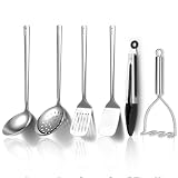 Kyraton Juego de utensilios de cocina de acero inoxidable de 6 piezas, incluye juegos de espátulas de metal, skimmer, cucharón, pinzas, triturador de patatas, apto para lavavajillas