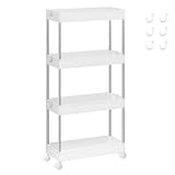 SONGMICS Carro de Almacenamiento de 4 Niveles, Carrito con Ruedas, Carro de Cocina, Ahorro de Espacio, para Baño, Oficina, 14,4 x 42 x 86 cm, Blanco Nube KSC08WT
