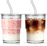 LATERN 2 Piezas 400ml Vasos de Vidrio con Tapa y Pajita de Vidrio, 13oz Taza de Pared Gruesa para Café Helado para Agua, Té Helado, Café, Jugo, Bebidas Frías y Calientes, Viajes y Uso Diario