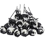 Laelfe 12 Piezas Rosas Artificiales Blanco y Negro, 53 cm Tallo Largo
