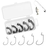 DXIA 50 Piezas Anzuelos de Pesca, Ganchos de Pesca de Acero de Alto con Caja de Plástico, Pesca Negro Amplia Brecha Gusano Suave Cebos Gancho, para Agua Dulce de Agua Salada, 5 Tamaño