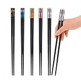 Palillos reutilizables de fibra de vidrio, 5 pares de puntas antideslizantes para cocinar, sushi y fideos, aptos para lavavajillas en colores elegantes (dorado, negro, rosa, azul, plateado)