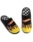 Hot Wheels Zapatillas de casa para hombre con llamas negras | Calzado de interior de felpa con texto Cómodas zapatillas de estar por casa