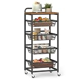 VASAGLE Carrito de Almacenaje de 5 Niveles, con Cestas Extraíbles, Estante de Cocina con Ruedas y Asa, 31,7 x 40 x 95 cm, Marrón Rústico y Negro Tinta LRC041K01