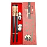 2 Pares Palillos de Chinos de Categoría Superior y Soporte de Cerámica en Forma de Panda con Caja de Valor, Chopsticks Reutilizables, Juego de Regalo para Sushi, Noodles