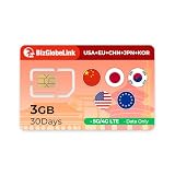 EIOTCLUB Tarjeta SIM de Viaje, 3 GB de Datos para 30 días, para 33 países de Europa, EE. UU., China, Corea del Sur y Japón, Carga de Datos, sin función de Llamada o SMS