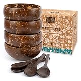Jungle Culture® Cuencos y Cucharas de Coco - Juego de 4 cuencos de madera con pajita de bambú y bolsa - Cuencos para servir ensaladas - Batidos de Acai Pasta Cereal - Regalo vegano y ecológico