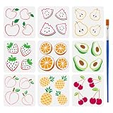 FINGERINSPIRE 9 plantillas de pintura de frutas con pincel de 15 x 15 cm, plantilla de dibujo de sandía, pera, fresa, naranja, aguacate, melocotón, piña, cereza, para pintar en madera, pared, tela