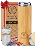 LeafLife Botella Térmica de Bambú con Colador e Infusor de Té 500 ml - Mantiene el Calor y el Frío Durante 12 Horas -Botella de Acero Inoxidable con Aislante al Vacío, Termo Café y Té en Hojas