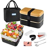 HOLIPOT Fiambrera, Bento Lunch Box Estilo Japonés con Bolsa Termica Porta Alimentos, Cuchara y Tenedor Para Adultos Niños