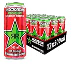 Rockstar strawberry Lime Bebida energética con cafeína y cero azúcar con sabor a limón y fresa, pack de 12 latas de 500 ml, 6 litros en total